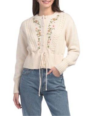 Heartloom Cream Knit Cardigan with Floral Embroidery
